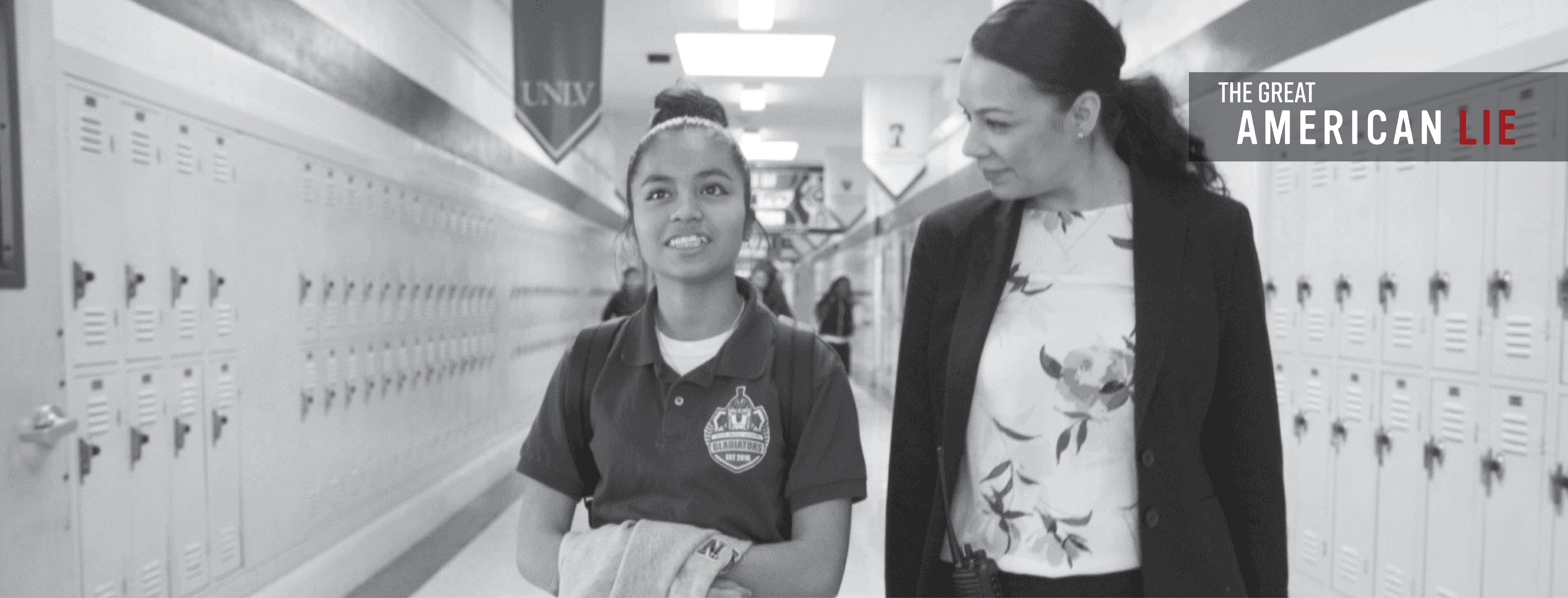 A black-and-white image shows a student in a school uniform walking beside an adult woman in a suit. They are in a school hallway lined with lockers. Text overlay reads "MISS REPRESENTATION: THE GREAT AMERICAN LIE.