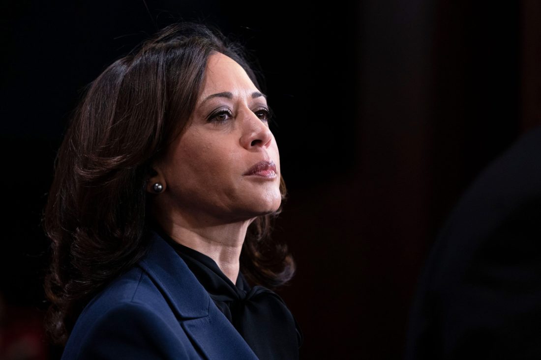 Profile of Kamala Harris against a black background. She wears a navy and black suit.