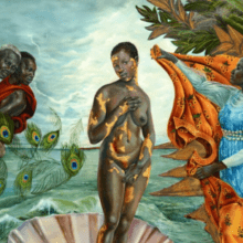 Vibrant painting reminiscent of "The Birth of Venus," featuring a central figure standing on a shell, adorned in golden patches. Flanked by two figures with peacock feathers on the left and a seated figure in a blue dress on the right, created by one of today's celebrated Black women artists. Surrounded by lush foliage.