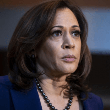 A woman with shoulder-length brown hair, wearing a dark blazer, a necklace of black beads, and matching earrings, is holding a microphone and looking slightly to her left with a serious expression. The background is blurred, focusing attention on her as she discusses issues related to the 2020 election.