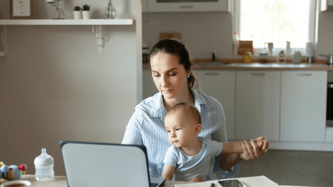 Snapshot of a mother working from home.