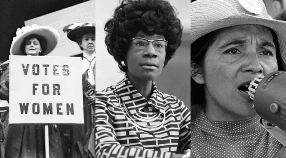 Three pictures of significant moments/eras in women's history.