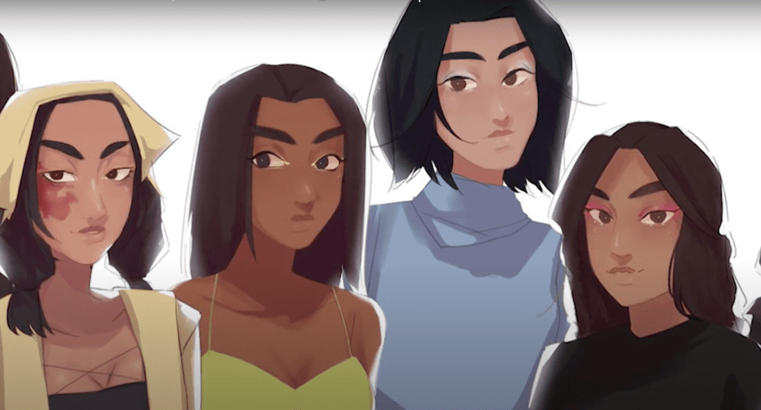 Illustration of four women with diverse hairstyles and outfits. The first has a black eye and wears a yellow hoodie. The second has long, wavy hair and a yellow dress. The third has short, black hair and a blue turtleneck. The fourth has long, curly hair and a black top.