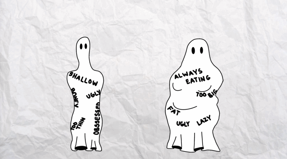 Two ghostly figures are drawn on a crumpled paper background. The left figure has negative words like "shallow," "ugly," "annoying," and "obsessed" written all over. The right figure, embodying the harsh realities of body image issues, is labeled with words like "always eating," "fat," and "lazy.