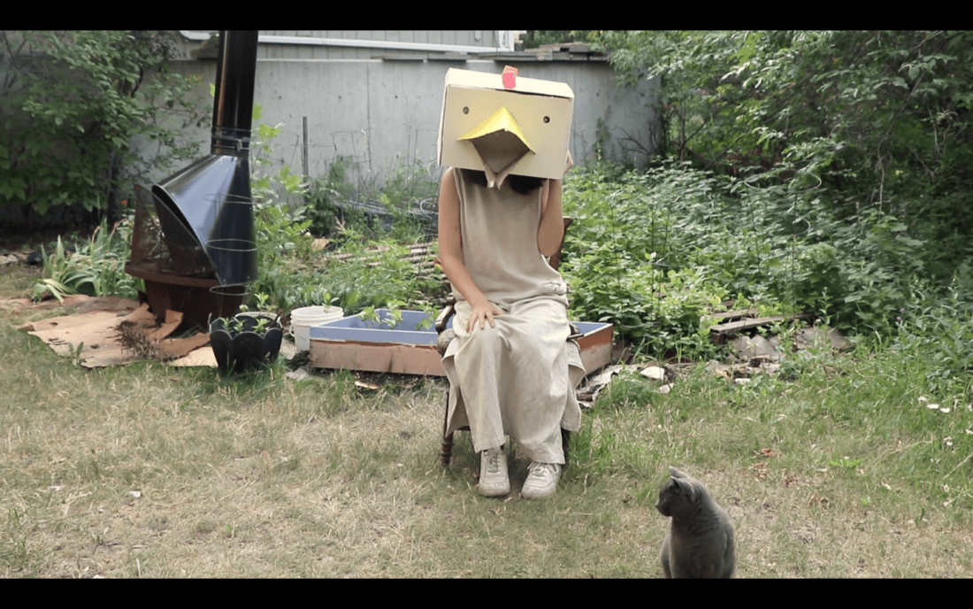 A person wearing a homemade bird mask sits on a chair in a backyard garden area, dressed in loose, light-colored clothing. Nearby, a grey cat lounges on the grass. The scene, which could belong to an eccentric documentary with dark humor elements, includes scattered garden supplies and a large metal funnel.