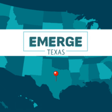 Map of the US, with a pin on Texas. Emerge Texas Logo over map.