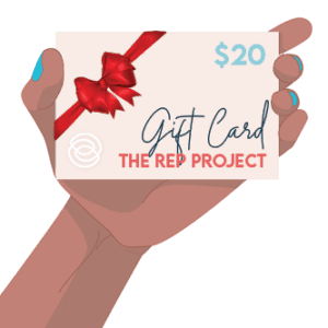 Illustration of a hand holding The Rep Project Gift Card - $20. The card is decorated with a red bow ribbon, and the text reads "Gift Card - The Rep Project.