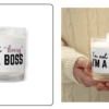 Left image: A white candle in a clear glass jar labeled "I'm not 'bossy,' I'M A BOSS" in black and pink text. Right image: The same Make A Statement Candle, lit and held by a person wearing a beige, knitted sweater.