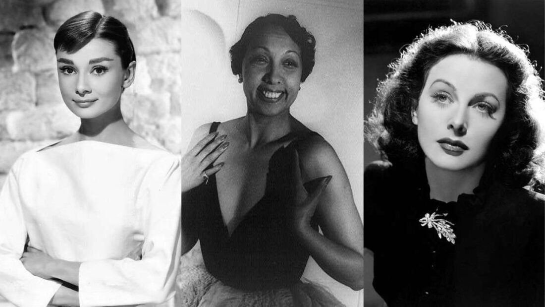 Photographs of Audrey Hepburn, Josephine Baker, and Hedy Lamarr