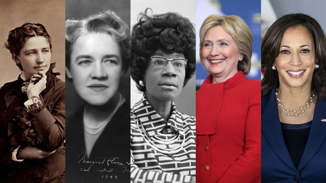 A photo collage of Victoria Woodhull, Margaret Chase Smith, Shirley Chisholm, Hillary Clinton, and Kamala Harris.